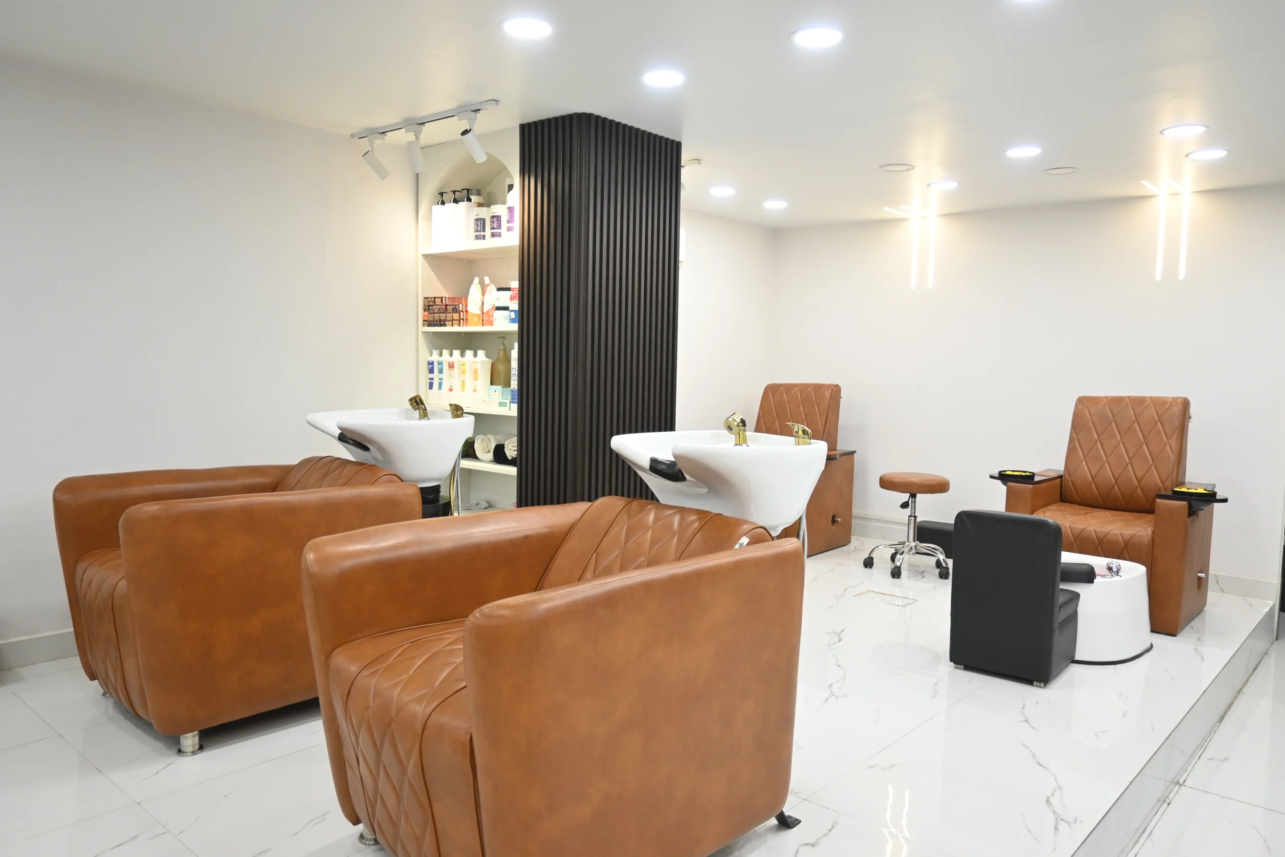 Hair washing area with massage chairs